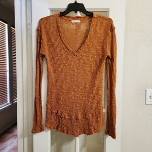 Free People We The Free Slub Knit Thermal Top Small Boho Ruffle Hem